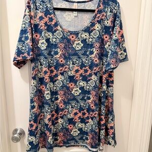LuLaRoe “Perfect T”  Floral Short Sleeve Top - Blue and Coral